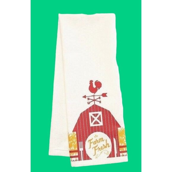 Farm Fresh Tea Towel Country Rooster Weathervane on Red Barn Kitchen Cotton NEW - Picture 1 of 2